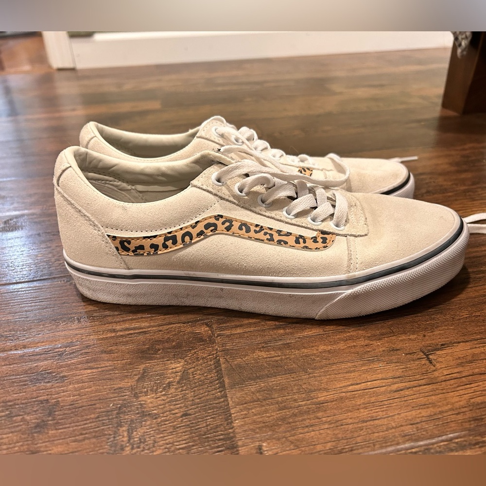 Vans Women's Cream Sneakers with Leopard Detail